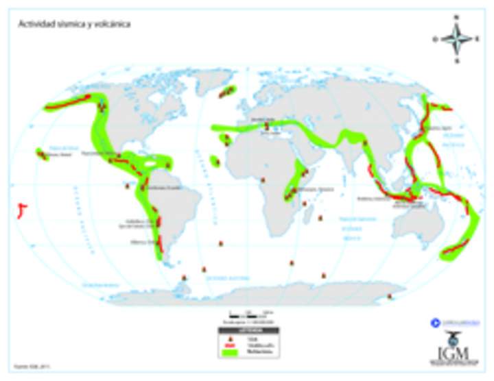 Mapa actividad sísmica y volcánica del mundo a color