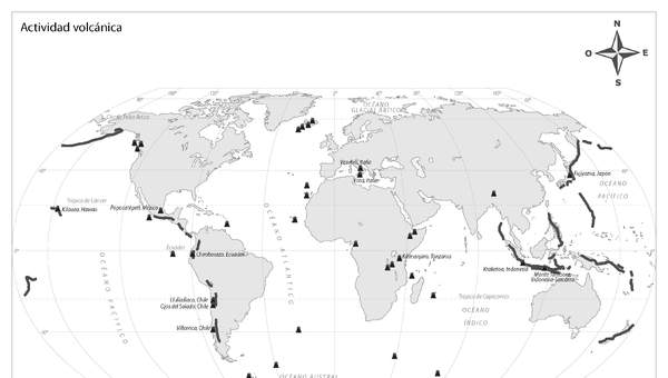Mapa actividad volcánica en el mundo en blanco y negro