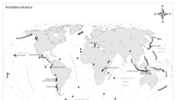 Mapa actividad volcánica en el mundo en blanco y negro