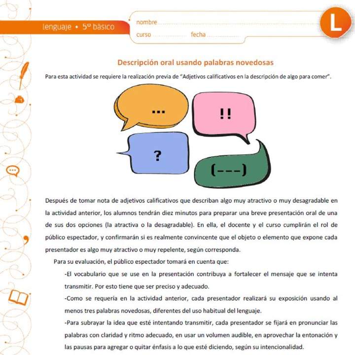 Descripción oral usando palabras novedosas