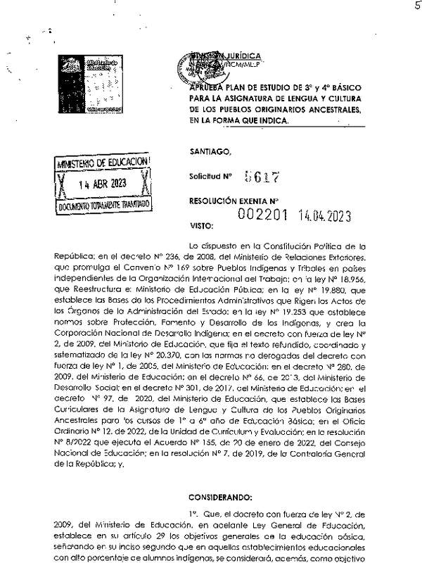 Plan de estudio asignatura lengua y cultura de los pueblos originarios ancestrales 3° y 4° año básico