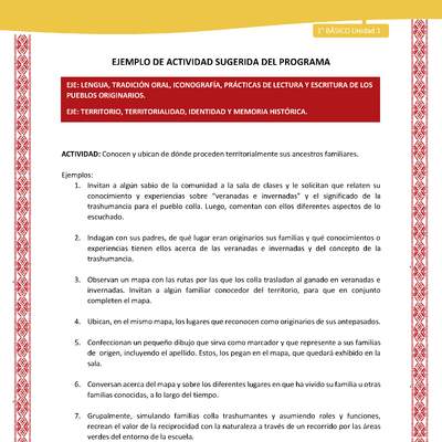 Actividad sugerida: LC01 - Colla - U1 - N°2:  Conocen y ubican de dónde proceden territorialmente sus ancestros familiares.