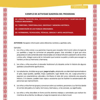 Actividad sugerida: LC01 - Colla - U3 - N°2: Recopilan información sobre diferentes nombres y apellidos colla.