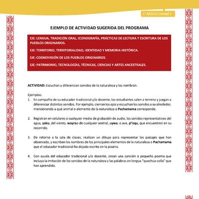 Actividad sugerida: LC01 - Colla - U2 - N°1: Escuchan y diferencian sonidos de la naturaleza y los nombran.