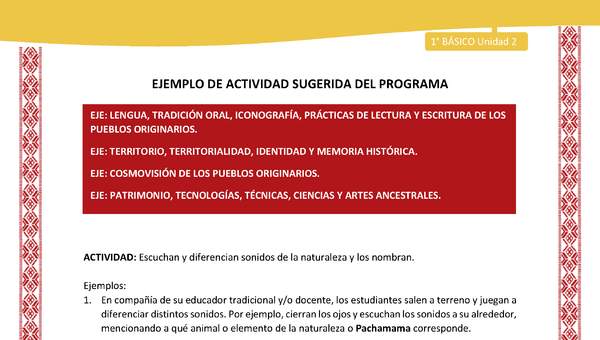 Actividad sugerida: LC01 - Colla - U2 - N°1: Escuchan y diferencian sonidos de la naturaleza y los nombran.