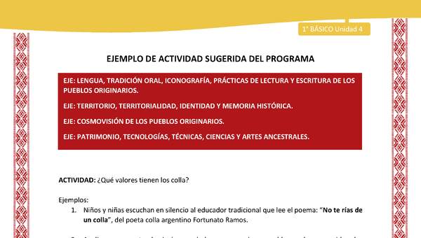 Actividad sugerida: LC01 - Colla - U4 - N°3: ¿Qué valores tienen los colla?