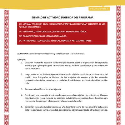 Actividad sugerida: LC01 - Colla - U3 - N°1: Conocen las viviendas colla y su relación con la trashumancia.