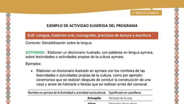 Actividad sugerida LC01 - Aymara - U3 - N°04: Elaboran un diccionario ilustrado, con palabras en lengua aymara, sobre festividades o actividades propias de la cultura aymara