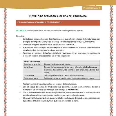 Actividad sugerida LC01 - Aymara - U02 - N°28: Identifican las fases lunares y su relación con la agricultura aymara