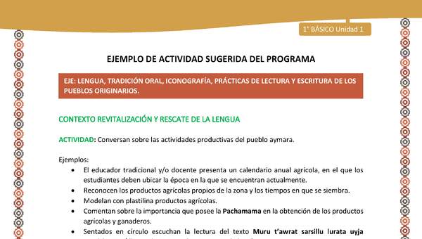 Actividad sugerida LC01 - Aymara - U01 - N°8: Conversan sobre las actividades productivas del pueblo aymara.