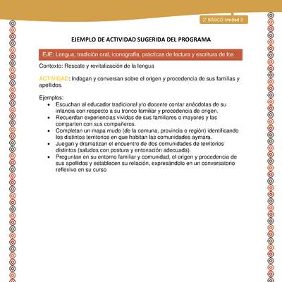 Actividad sugerida LC01 - Aymara - U03 - N°05: Indagan y conversan sobre el origen y procedencia de sus familias y apellidos.