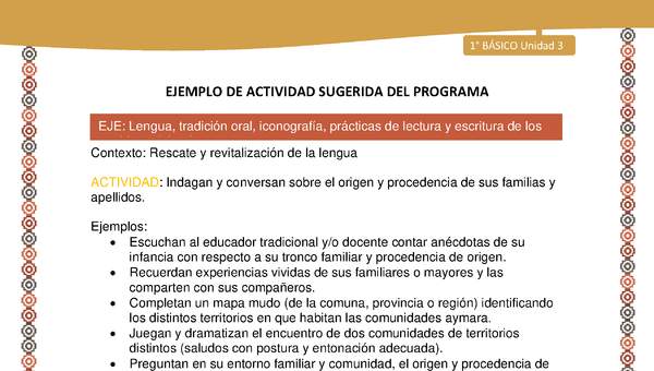 Actividad sugerida LC01 - Aymara - U03 - N°05: Indagan y conversan sobre el origen y procedencia de sus familias y apellidos.