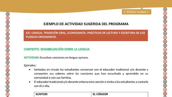 Actividad sugerida LC01 - Aymara - U02 - N°18: Escuchan canciones en lengua aymara