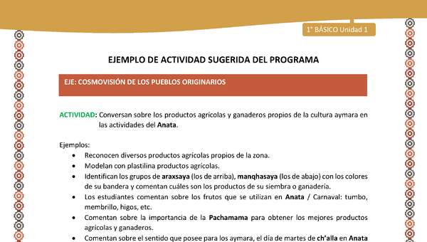 Actividad sugerida LC01 - Aymara - U01 - N°20: : Conversan sobre los productos agrícolas y ganaderos propios de la cultura aymara en las actividades del Anata