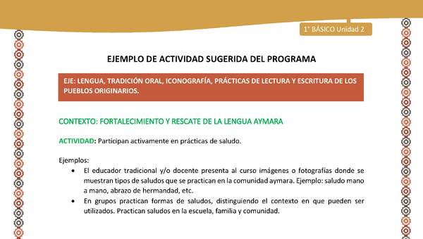 Actividad sugerida LC01 - Aymara - U02 - N°14: Participan activamente en prácticas de saludo