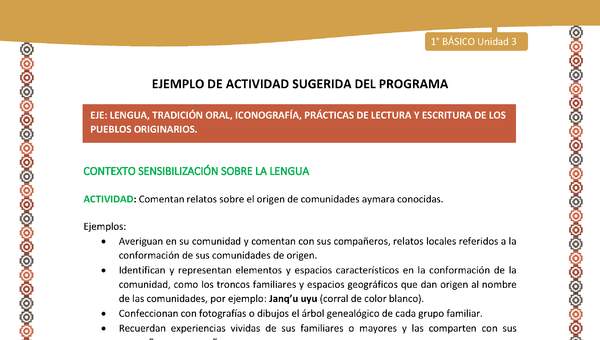 Actividad sugerida LC01 - Aymara - U03 - N°01: Comentan relatos sobre el origen de comunidades aymara conocidas