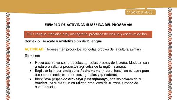 Actividad sugerida LC01 - Aymara - U03 - Nº19: Representan productos agrícolas propios de la cultura aymara.