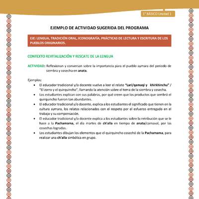 Actividad sugerida LC01 - Aymara - U01 - N°6: Reflexionan y conversan sobre la importancia para el pueblo aymara del periodo de siembra y cosecha en anata.