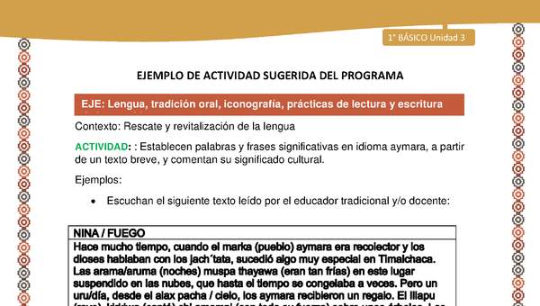 Actividad sugerida LC01 - Aymara - U03 - N°07: Establecen palabras y frases significativas en idioma aymara, a partir de un texto breve, y comentan su significado cultural.l