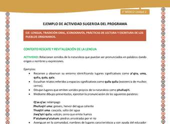 Actividad sugerida LC01 - Aymara - U02 - N°07: Relacionan sonidos de la naturaleza que puedan ser pronunciados en palabras dando origen a nombres y expresiones