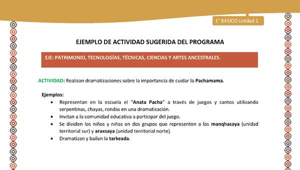 Actividad sugerida LC01 - Aymara - U01 - N°24: Realizan dramatizaciones sobre la importancia de cuidar la Pachamama