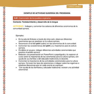 Actividad sugerida LC01 - Aymara - U03 - N°14:  Indagan y comentan los saberes de diferentes ceremonias de la comunidad aymara
