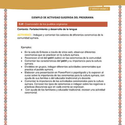 Actividad sugerida LC01 - Aymara - U03 - N°14:  Indagan y comentan los saberes de diferentes ceremonias de la comunidad aymara