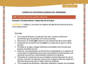 Actividad sugerida LC01 - Aymara - U03 - N°14:  Indagan y comentan los saberes de diferentes ceremonias de la comunidad aymara