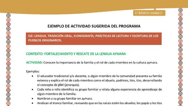 Actividad sugerida LC01 - Aymara - U02 - N°25:  Conocen la importancia de la familia y el rol de cada miembro en la cultura aymara