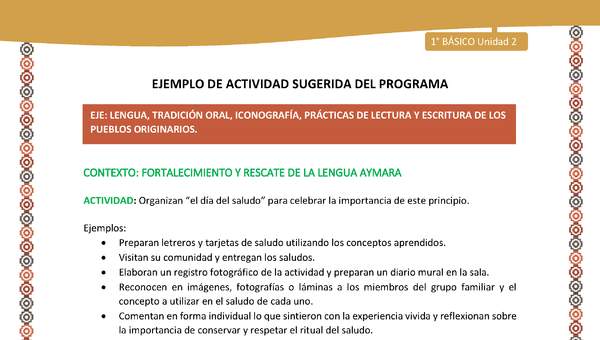 Actividad sugerida LC01 - Aymara - U02 - N°26: Organizan “el día del saludo” para celebrar la importancia de este principio