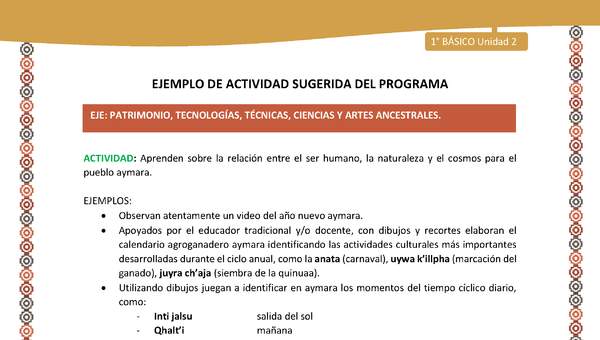 Actividad sugerida LC01 - Aymara - U02 - N°30: Aprenden sobre la relación entre el ser humano, la naturaleza y el cosmos para el pueblo aymara