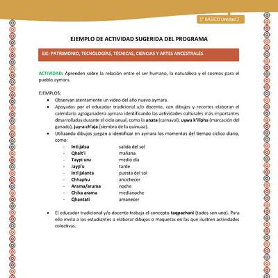 Actividad sugerida LC01 - Aymara - U02 - N°16: Aprenden sobre la relación entre el ser humano, la naturaleza y el cosmos para el pueblo aymara