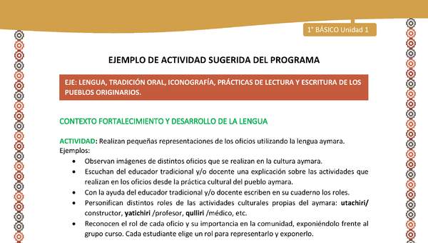 Actividad sugerida LC01 - Aymara - U01 - N°11: Realizan pequeñas representaciones de los oficios utilizando la lengua aymara