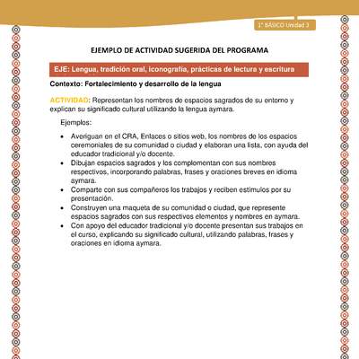 Actividad sugerida LC01 - Aymara - U03 - N°10: Representan los nombres de espacios sagrados de su entorno y explican su significado cultural utilizando la lengua aymara