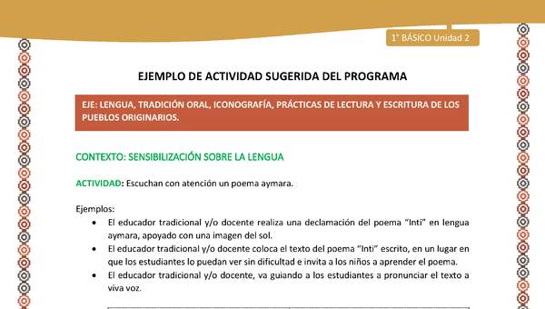 Actividad sugerida LC01 - Aymara - U02 - N°2:  Escuchan con atención un poema aymara