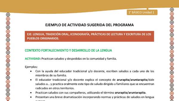Actividad sugerida LC01 - Aymara - U01 - N°10: Practican saludos y despedidas en la comunidad y familia.