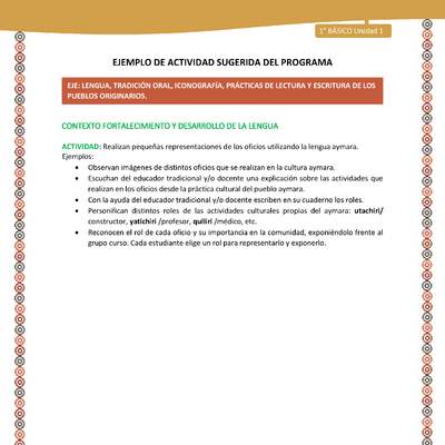 Actividad sugerida LC01 - Aymara - U02 - N°07: Realizan pequeñas representaciones de los oficios utilizando la lengua aymara Actividad sugerida LC01 - Aymara - U02 - N°07: Realizan pequeñas representaciones de los oficios utilizando la lengua aymara
