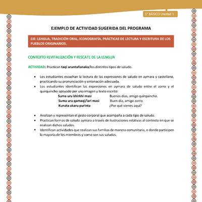 Actividad sugerida LC01 - Aymara - U01 - N°5: Practican taqi aruntañanaka/los distintos tipos de saludo.