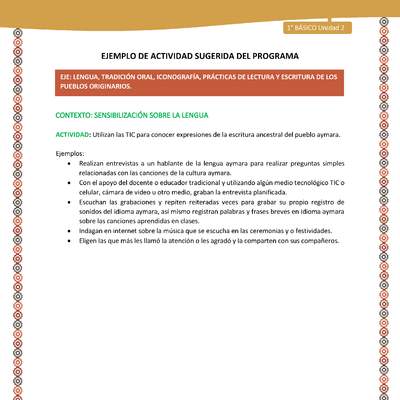 Actividad sugerida LC01 - Aymara - U02 - N°05: Utilizan las TIC para conocer expresiones de la escritura ancestral del pueblo aymara Actividad sugerida LC01 - Aymara - U02 - N°05: Utilizan las TIC para conocer expresiones de la escritura ancestral del pueblo aymara