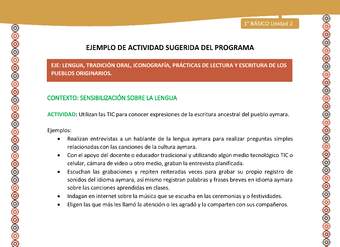 Actividad sugerida LC01 - Aymara - U02 - N°19: Utilizan las TIC para conocer expresiones de la escritura ancestral del pueblo aymara2: