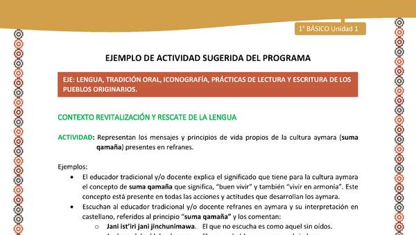 Actividad sugerida LC01 - Aymara - U01 - N°7: Representan los mensajes y principios de vida propios de la cultura aymara (suma qamaña) presentes en refranes.