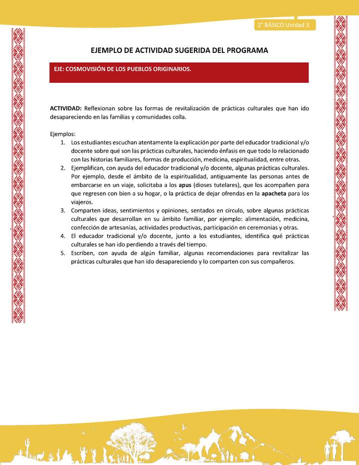 Actividad sugerida: LC02 - Colla - U3 - N°6: Reflexionan sobre las formas de revitalización de prácticas culturales que han ido desapareciendo en las familias y comunidades colla.