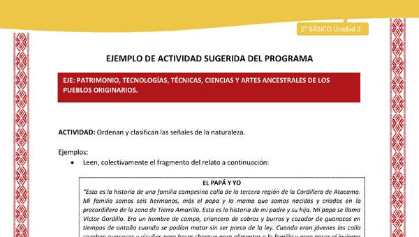 Actividad sugerida: LC02 - Colla - U2 - N°10: Ordenan y clasifican las señales de la naturaleza.