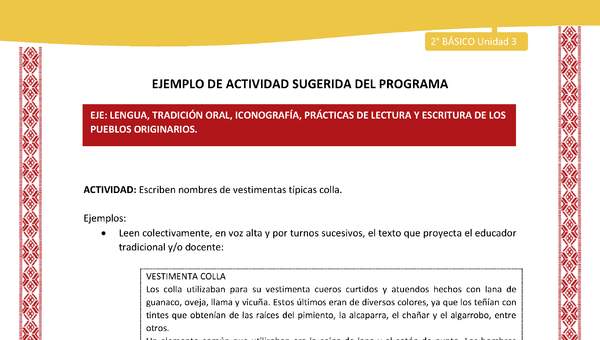 Actividad sugerida: LC02 - Colla - U3 - N°1: Escriben nombres de vestimentas típicas colla.