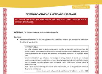 Actividad sugerida: LC02 - Colla - U3 - N°1: Escriben nombres de vestimentas típicas colla.