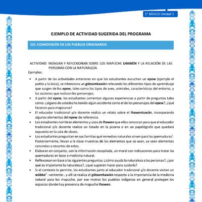 Actividad sugerida: LC01 - Mapuche - U1 - N°8: INDAGAN Y REFLEXIONAN SOBRE LOS MAPUCHE LHAWEN Y LA RELACIÓN DE LAS PERSONAS CON LA NATURALEZA.