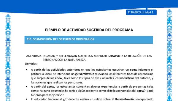 Actividad sugerida: LC01 - Mapuche - U1 - N°8: INDAGAN Y REFLEXIONAN SOBRE LOS MAPUCHE LHAWEN Y LA RELACIÓN DE LAS PERSONAS CON LA NATURALEZA.