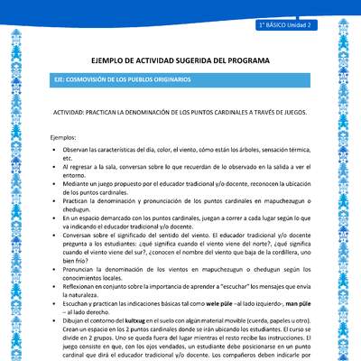 Actividad sugerida: LC01 - Mapuche - U2 - N°7: PRACTICAN LA DENOMINACIÓN DE LOS PUNTOS CARDINALES A TRAVÉS DE JUEGOS.