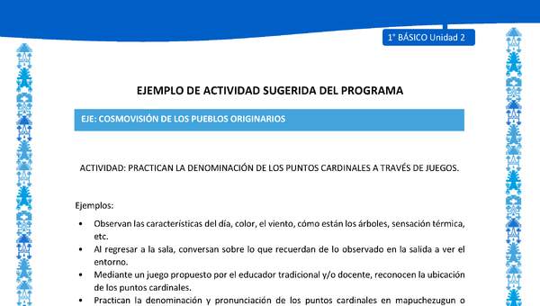 Actividad sugerida: LC01 - Mapuche - U2 - N°7: PRACTICAN LA DENOMINACIÓN DE LOS PUNTOS CARDINALES A TRAVÉS DE JUEGOS.