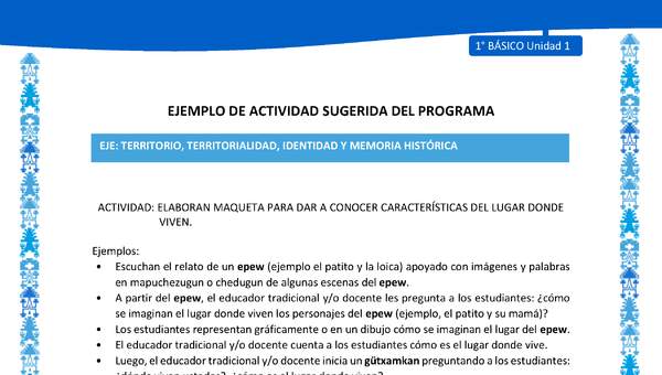 Actividad sugerida: LC01 - Mapuche - U1 - N°7: ELABORAN MAQUETA PARA DAR A CONOCER CARACTERÍSTICAS DEL LUGAR DONDE VIVEN.